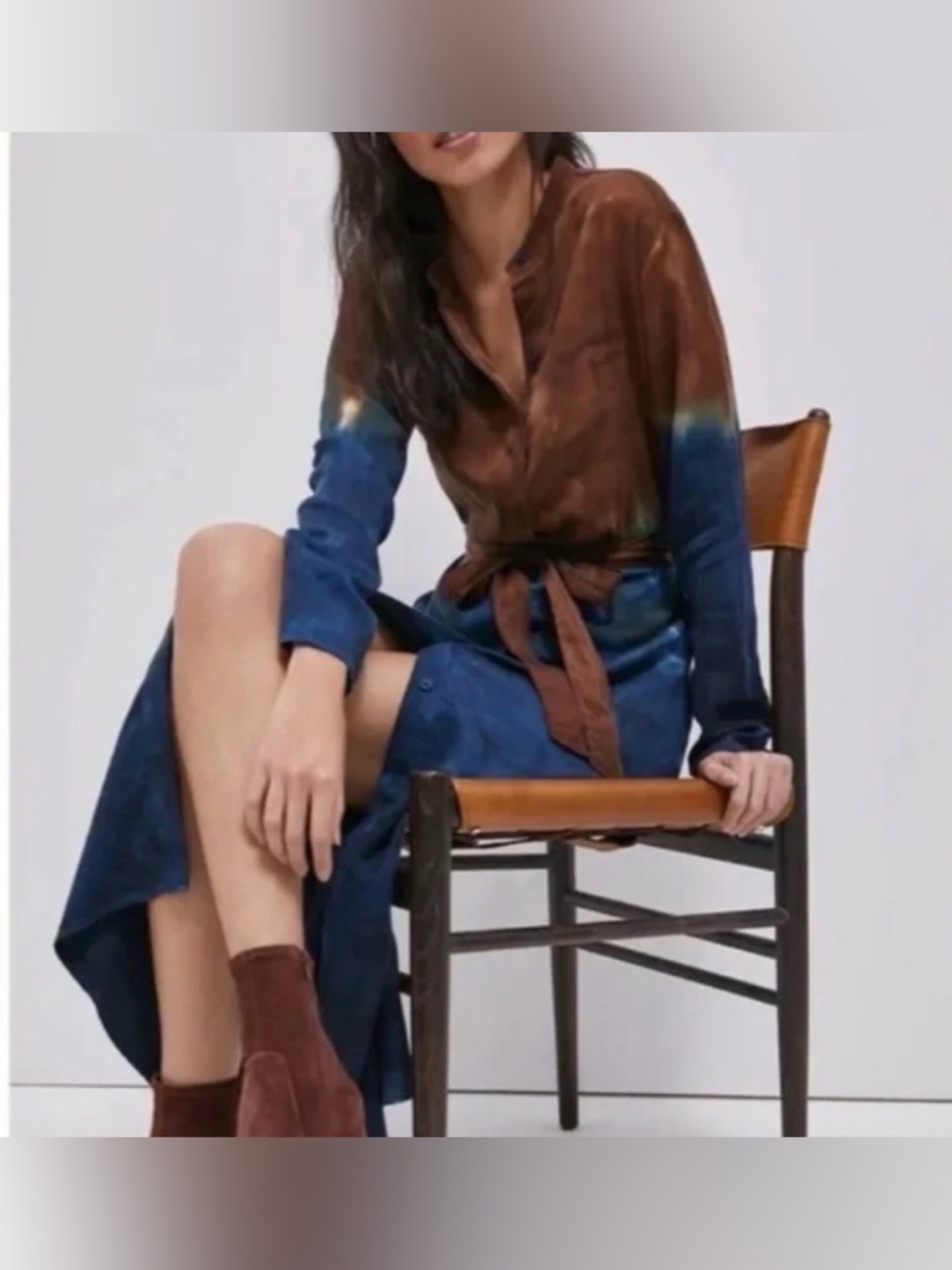 Anthropologie Cloth & Stone Perla Tie Dye Maxi Shirtdress S Blue Brown Lyocell - Picture 3 of 9